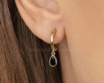 14k Solid Yellow Gold Natural Drop Black Onyx Charm Hoop Huggie Minimalist Gold Jewlery Gold Dangle Drop Hoops Birthstone Hoops Earrings