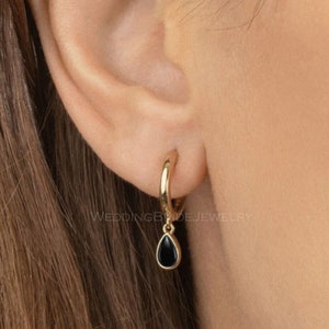 14k Solid Yellow Gold Natural Drop Black Onyx Charm Hoop Huggie Minimalist Gold Jewlery Gold Dangle Drop Hoops Birthstone Hoops Earrings