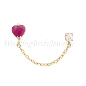 14k Solid Yellow Gold Genuine Mines Natural Ruby & Diamond Dangle Chain Earring Minimalist Jewelry Solid 14k Gold Chain Customize Earring