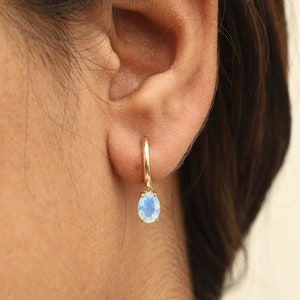 Natural Rainbow Moonstone Dangle Earrings - Elegant 14K Gold Hoops - Perfect for Everyday Wear and Special Occasions Gift Minimalist Earring