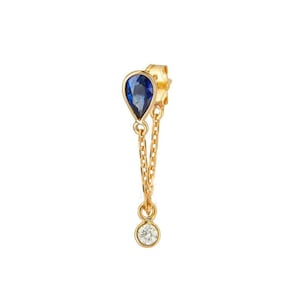 14k Solid Yellow Gold Earring Minimalist Bohimen Solid Gold Earring Natural Pear Blue sapphire & genuine Diamond Dangle Chain Earring Gift