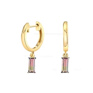 14k Solid Yellow Gold Natural Watermelon Tourmaline Baguette Stone Hoops Earring Attractive & Beautiful Gold Handmade Jewelry Dangle Earring