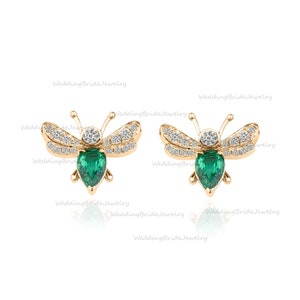 Emerald Bee Studs Genuine Diamonds Earring with 18K Solid Gold Tiny Studs Bee Earring Minimalist Jewelry Earlobe, Cartilage, Conch Studs
