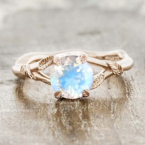 Regenboog maansteen wijnstok blad ring alternatieve verlovingsring natuur geïnspireerde blad ring massief 14k geelgouden tak blad ring cadeau voor haar