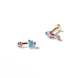 14k Solid Yellow Gold Genuine Natural Australian Opal Gemstone Natural Diamond Bar Studs Earring Statement Gift For Her Birthstone Stud