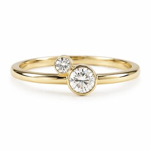 14K Solid Gold Double Diamond Ring, Minimalist Bezel Set Ring, Dainty Two Stone Ring, Modern Stackable Band, Everyday Fine Jewelry Gift