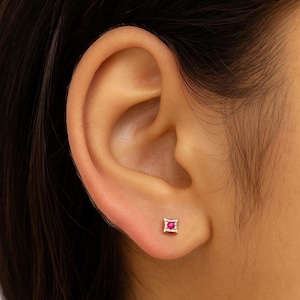 Beautiful Genuine Ruby Gemstone Tiny Studs Accent Tiny Ear Square Studs in 14k Solid Yellow Gold Dainty Stud Women Jewelry Gift Christmas