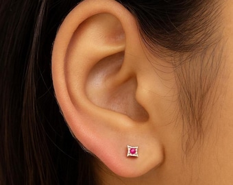 Beautiful Genuine Ruby Gemstone Tiny Studs Accent Tiny Ear Square Studs in 14k Solid Yellow Gold Dainty Stud Women Jewelry Gift Christmas