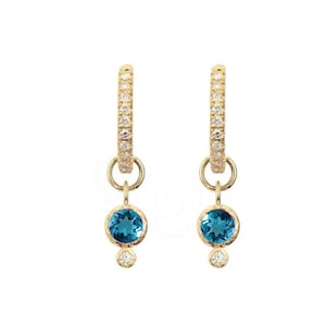 Brincos de argola pendentes com pingente de topázio azul natural de Londres, joias minimalistas, argolas de diamante em ouro maciço 14k, brincos de diâmetro interno de 10 mm