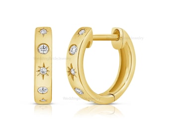Genuine SI Clarity G-H Color Diamond Huggies Hoop Earrings Solid 14K Yellow Gold Mini Hoop Earrings Jewelry Proposal Gift For Christmas Day
