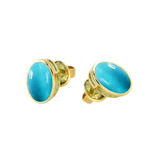 Pendientes con tachuelas de turquesa ovalada genuina, pendientes con piedras preciosas ovaladas, pendientes de joyería hechos a mano en oro macizo de 14 k/18 k, pendientes con tachuelas de turquesa de Arizona