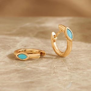 Natural Turquoise Marquise Evil Eye Dainty Hoops Earring, Tiny Turquoise Helix Huggie Hoops Earring, 14k Solid Gold Jewelry Evil Eye Jewelry