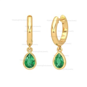 14k Solid Yellow Simple Gold Hoops Earring Minimalist Jewelry Drop Bezel Set Emerald Earring Statement Gift Earring For Women Birthday Gift