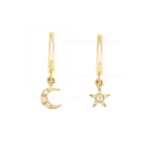 14k Gold-plated Hoop Earrings with Dangling Moon and Star Charms 14k Gold-plated Hoop Earrings with Dangling Moon and Star Charms