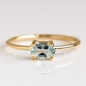 Natural Aquamarine Oval Gemstone Engagement Ring Vintage Jewelry Minimalist Ring 14k Solid Yellow Gold Dainty Ring Gift Her March Birthstone