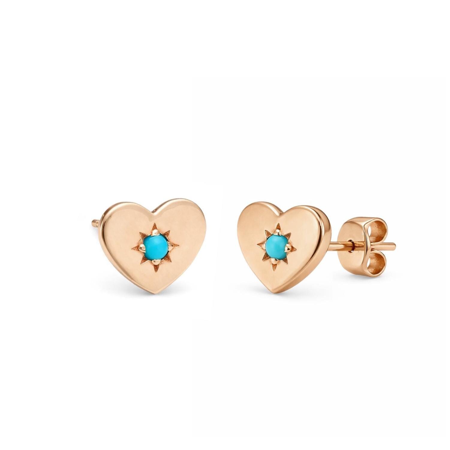 Gold Heart Turquoise Stud Earrings, 14K Solid Gold Minimal Heart