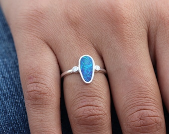 Natural Australian Opal Ring, 14k Solid White Gold Genuine Natural Diamond Boulder Opal Wedding Minimalist Handmade Jewelry Birthday Gifts