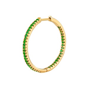 Brinco de argola com esmeralda genuína de qualidade AAA, brinco de argola com esmeralda do avesso em ouro maciço 14k/18k, brincos de argola Huggie com hélice e pedras preciosas agrupadas