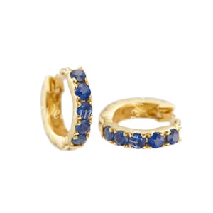 Genuine Mines Natural Dark Blue Sapphire Hoops Earring Minimalist Jewelry Solid 14k Yellow Gold Dainty Hoop Huggie Earring Tiny Hoops Gift