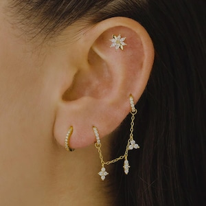 Helix Cartilage Gold Chain • Charm Diamond Chain • Solid 14K Gold Dangle Diamond Conch Wrap Chain • Gold Bar Rook Belly Diamond Charm Chain