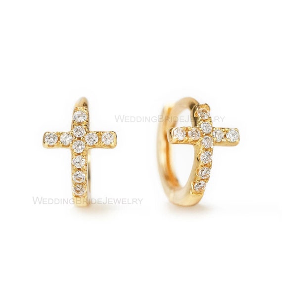 Genuine G H Color Diamond Cross Round Earrings 14k Solid Gold