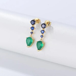 Pendiente de oro amarillo macizo de 14 k genuino con barra de piedra de zafiro azul natural, colgante con piedra esmeralda en forma de pera, regalo de Navidad WBJ Erring