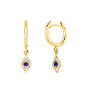 Genuine Blue Sapphire Gemstone Hoops Earring Solid 14k Yellow Gold Evil Eye Minimalist Jewelry G-H Color, SI-Clarity Diamond Christmas Gift