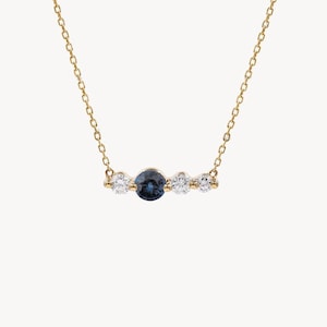 1 Ct Natural Blue Sapphire (Birthstone) Necklace, Personalized Custom Birthstone Dainty Diamond Necklace, Minimalist 14k Solid Gold Necklace