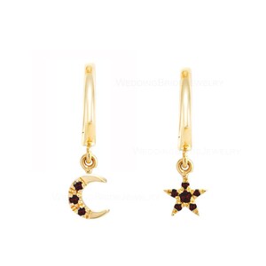 Dangling Moon Star Charm Hoop Huggies Earrings 14K Solid Yellow Gold Genuine Garnet Gemstone Huggies Hoop Charms Earrings Christmas Gift