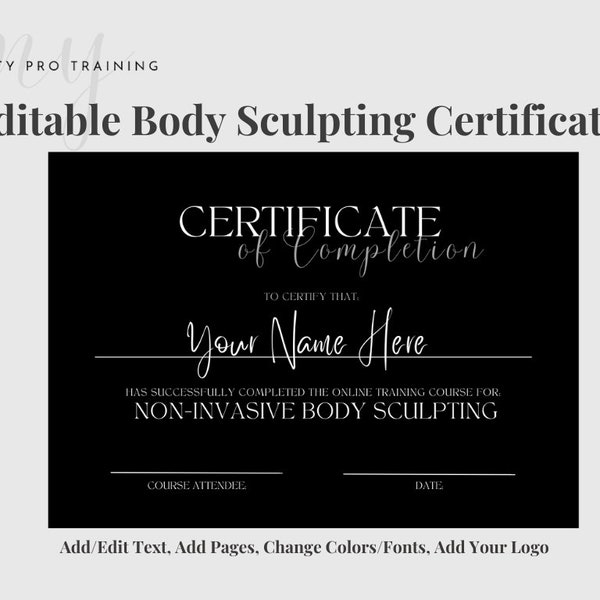 Body Sculpting class certificate, certificate, editable certificate, body contour course certificate