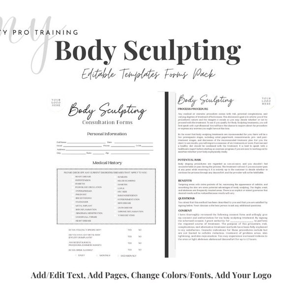 Body sculpting forms, Esthetician form, editable forms, body sculpting, body contouring form, client intake form.