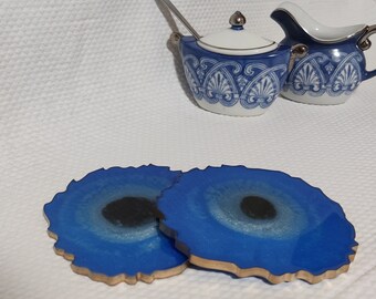 Evil eye coaster sets - geode coasters, epoxy resin coasters with gold accent -house warming gift- wedding gift