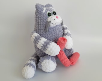 Crochet Cat Plush Toy: Gray Chubby Kitten with Sausages