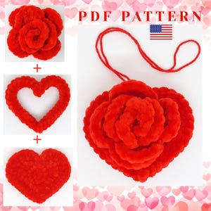 May include: A collection of red, plush, handmade items, including a flower, a heart-shaped wreath, and a solid heart. The image also features a large, plush flower with a hanging loop. The text "PDF PATTERN" is displayed with an American flag.