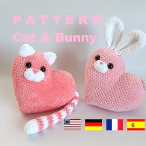 PADRÃO de coração de pelúcia Gato e coelho de crochê pdf Padrão de crochê fácil para pelúcias de dia dos namorados Presente de dia das mães