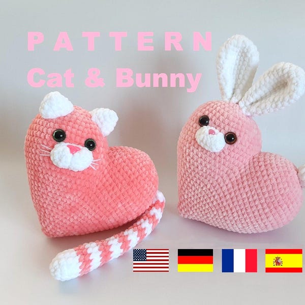 Patrón de crochet para gato y conejito de peluche con forma de corazón: Pack de peluches para San Valentín (PDF)