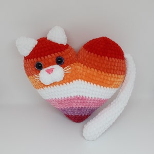 LGBTQ Pride Crochet Heart Cat: Sunset Lesbian Flag Plush