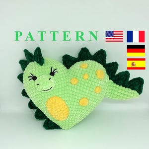 Plüschherz PATTERN Gehäkelte Dinosaurier Plüsch Anleitung pdf Einfache Häkelanleitung für Valentinstag Geschenk / Englisch, Französisch, Deutsch, Spanisch