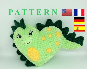 Plush Heart PATTERN Crochet Dinosaur plush pattern pdf Easy crochet pattern for Valentine&#39;s Day gift / English, French, German, Spanish