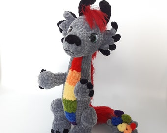 Rainbow Crochet Dragon plush stuffed toy - Kawaii amigurumi plushie