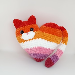 Lesbian heart cat for Valentine&#39;s day Gift, for Pride month, Stuffed plush crochet cat heart Sunset lesbian flag, Amigurumi cat, LGBT toy