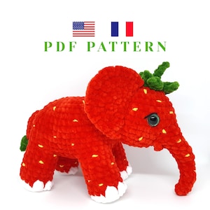 Patrón de crochet para el elefante de peluche con fresas (PDF) Juguete amigurumi Brainrot (en EE. UU.)