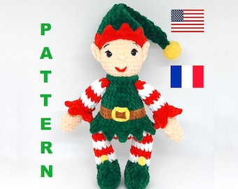 Christmas Crochet Elf Pattern: Amigurumi Plush Elf PDF, Holiday Decor (English, French) – Patron Crochet Lutin de Noël