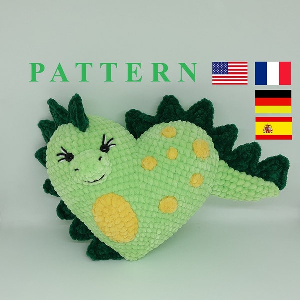 Plush Heart PATTERN Crochet Dinosaur plush pattern pdf Easy crochet pattern for Valentine's Day gift