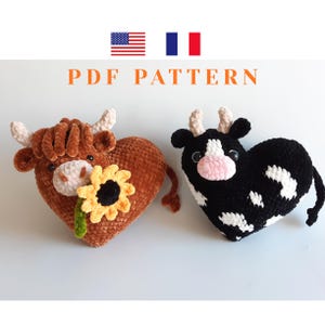 Heart Highland Cow with Sunflower & Spotted Cow Easy Crochet PDF Pattern | Amigurumi Farm Animals