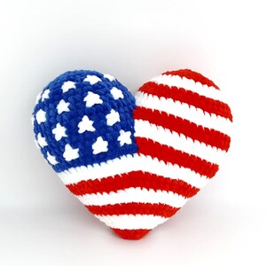 Patriotic Crochet Heart Pillow 7-Inch – American Flag Colors – Handmade Plush Decor – Mini Cushion – Red, White and Blue / Stars and Stripes