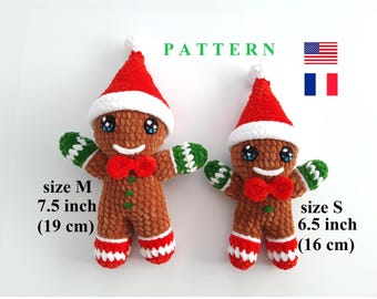 May include: Two crocheted gingerbread dolls wearing red and white Santa hats and red bow ties. The medium doll is 7.5 inches tall, and the small doll is 6.5 inches tall. The dolls have green accents on their arms and legs. Text reads PATTERN.