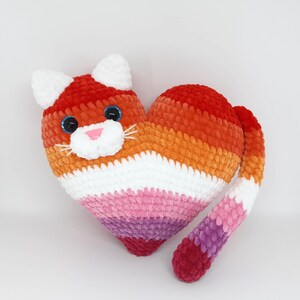 LGBTQ Pride Crochet Heart Cat: Sunset Lesbian Flag Plush