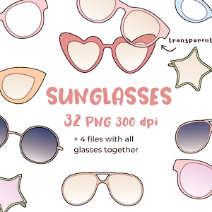 ÓCULOS DE SOL, clip art, PNG, para impressão, adesivos de planejador, download instantâneo, óculos, lentes, verão, tonalidade rosa amarelo