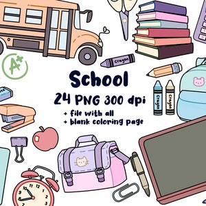 SCHOOL, illustraties, PNG, afdrukbaar, planner stickers, instant download, terug naar school, briefpapier, schoolbenodigdheden, kleurpotloden, potlood, notitieboekje